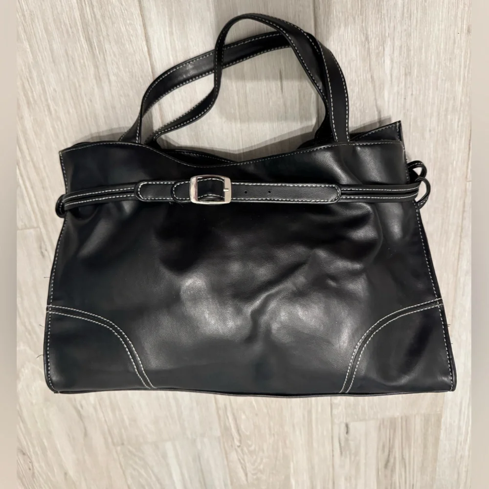 Black Top Handle Bag with White Stitching